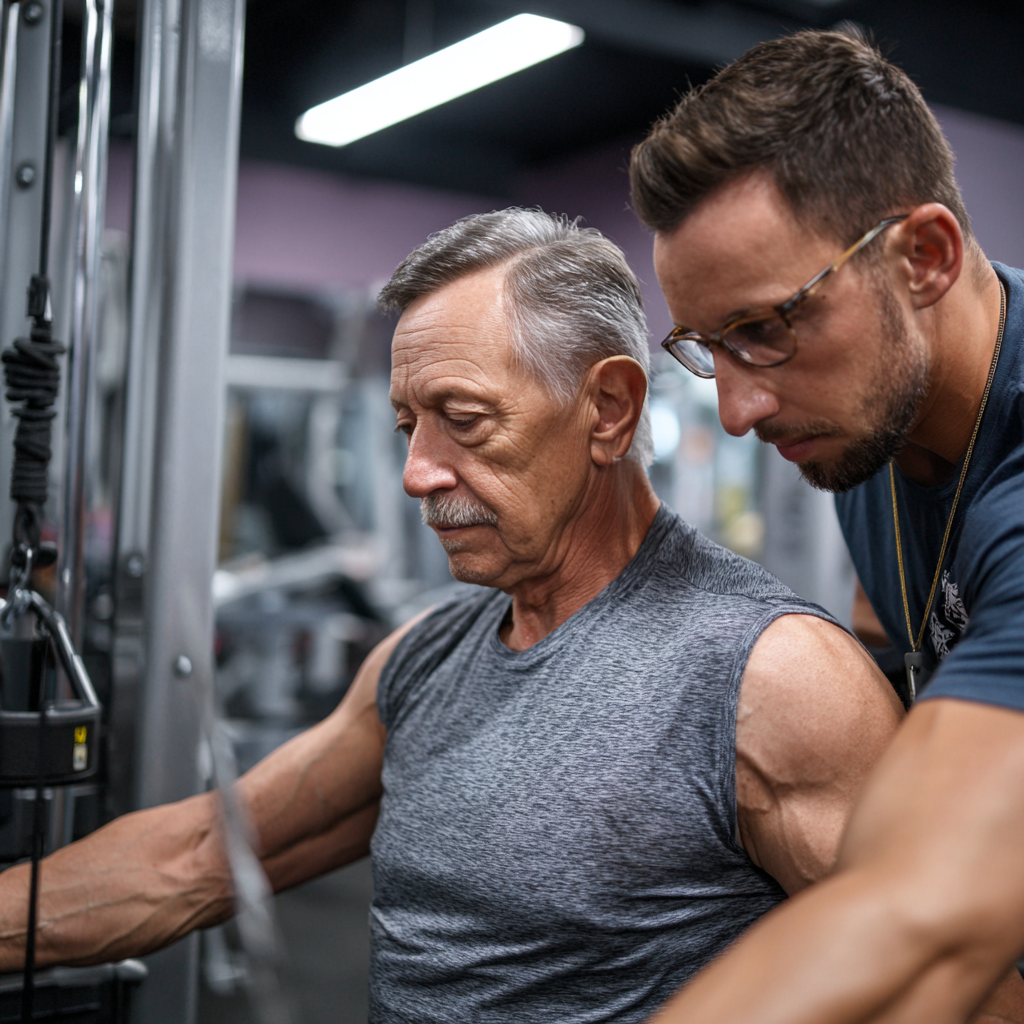 Мъж на 58 години работи с персонален треньор в тренажорна зала, концентриран върху правилното изпълнение на упражненията