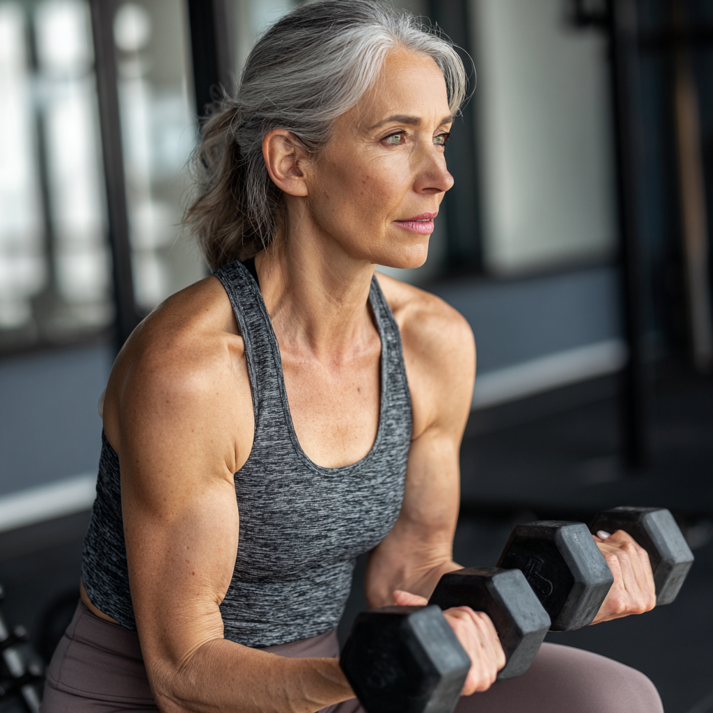 Активна жена на 55 години в спортно облекло, която прави упражнения с гантели в модерна фитнес зала